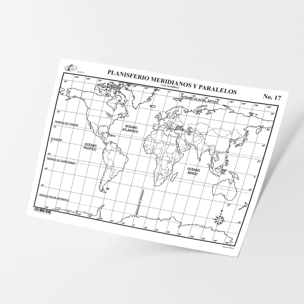 Mapa Tamaño Carta Planisferio Meridianos y Paralelos con nombres